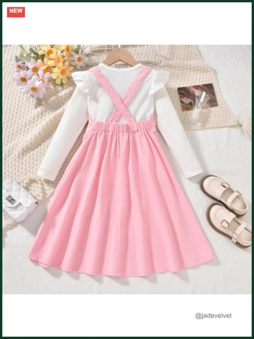 Little Girls Corduroy Overall Dress with Adjustable Strap - 2 Piece Set